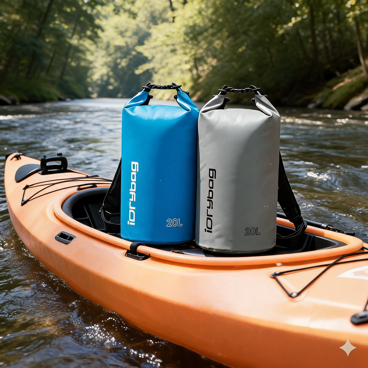 Blue and gray roll-top dry bags in an orange kayak on a river