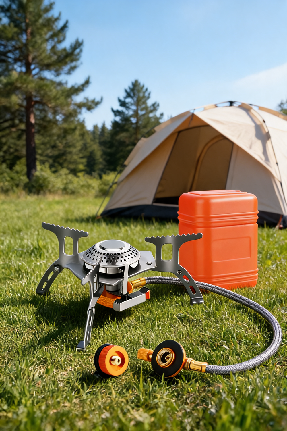 Folding camping gas stove with hose and orange storage case on grass by a tent