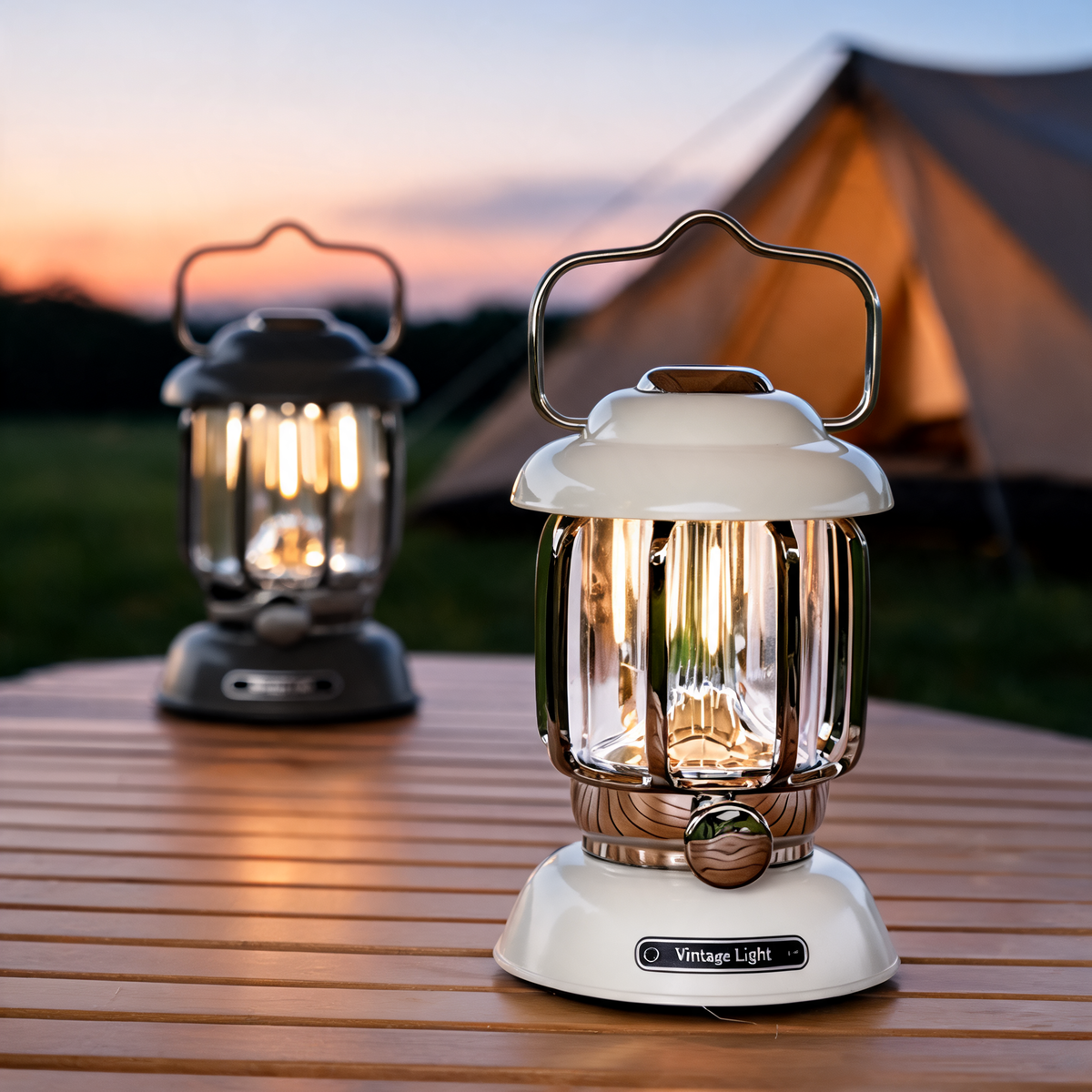 White and black rechargeable LED camping lanterns on a picnic table at dusk by a tent