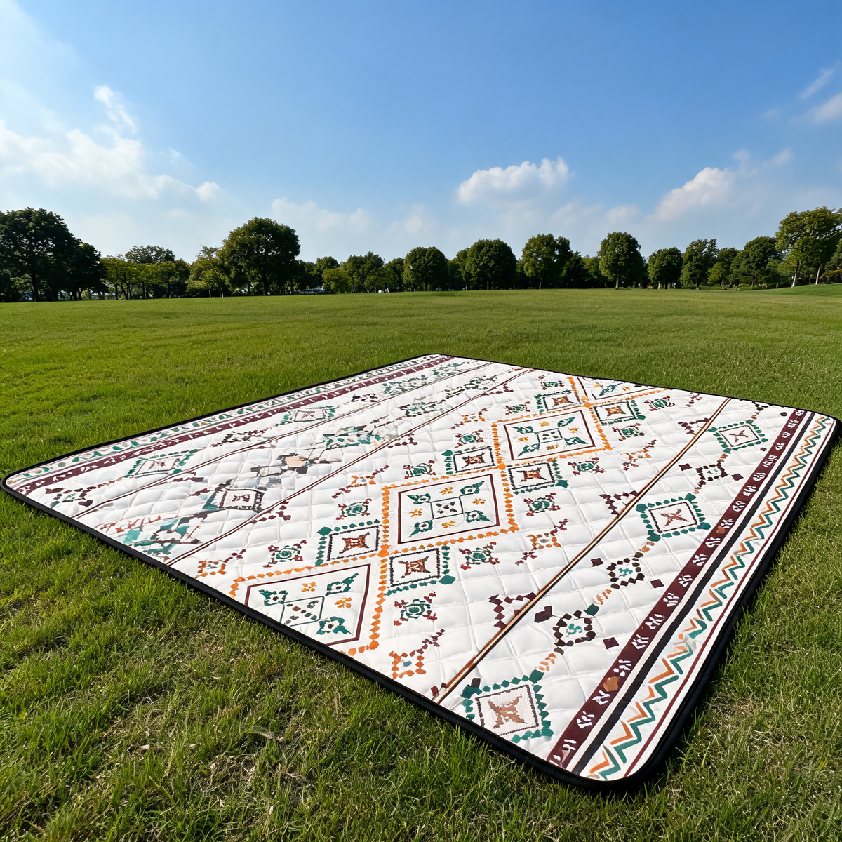 Large square picnic blanket with a geometric print spread out on a grassy field